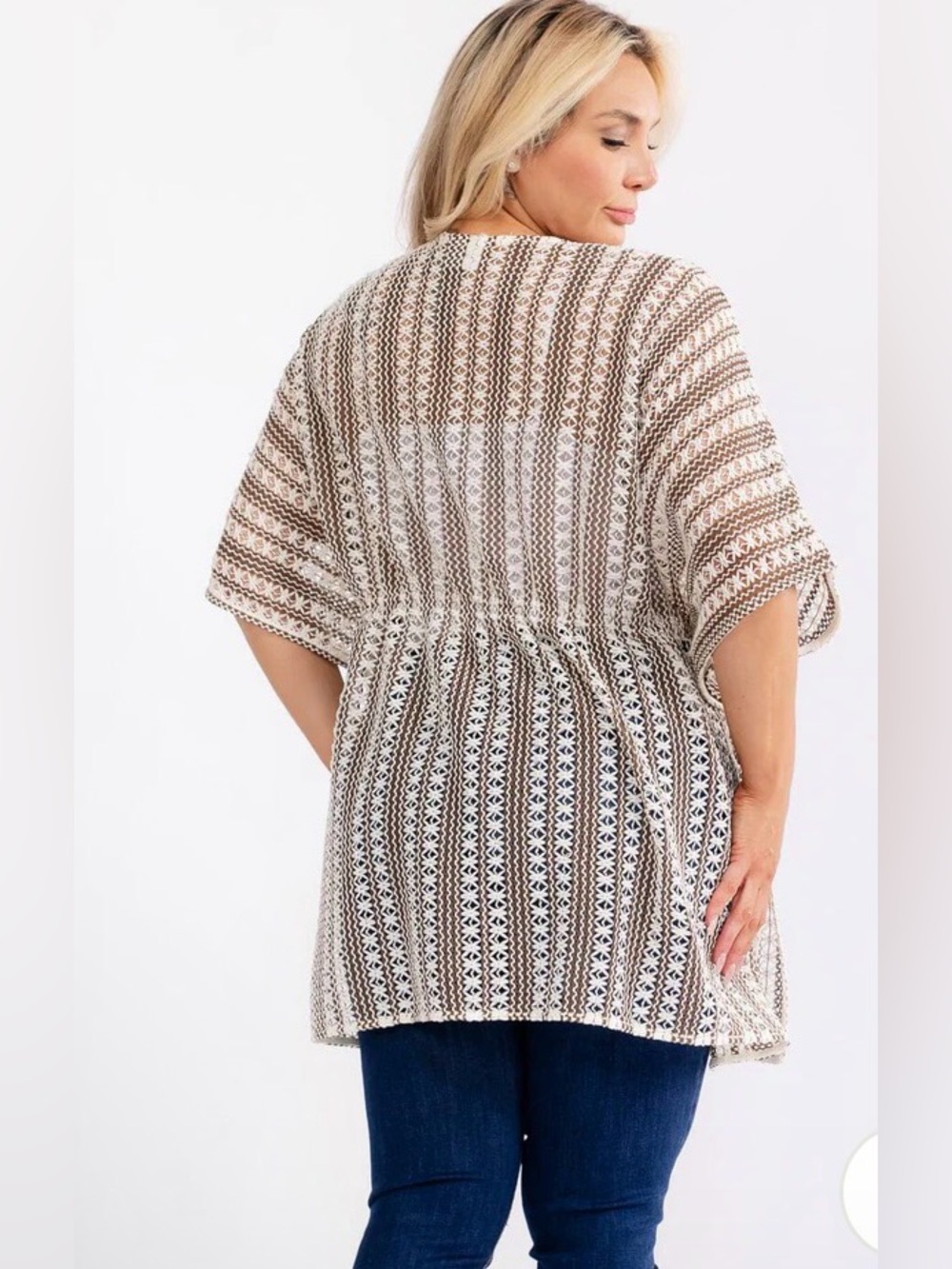 0246. Boho Tie-Front Crochet Kimono in Cream and Tan - Picture 5 of 5